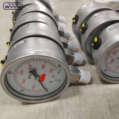 گیج فشار حلقه ای با صفحه 100 میلی متری و اتصال از پایین، پر شده با سیلیکون و گلیسیرین، مناسب برای کاربردهای صنعتی