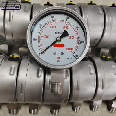 گیج فشار حلقه ای با صفحه 100 میلی متری و اتصال از پایین، پر شده با سیلیکون و گلیسیرین، مناسب برای کاربردهای صنعتی