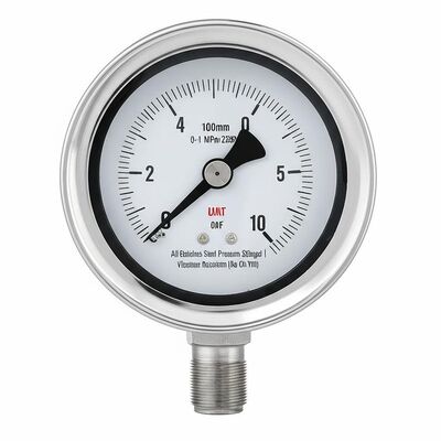 4 اینچ 100mm Stainless Steel Pressure Gauge مقاومت در برابر لرزش مقاومت در برابر خوردگی بدون روغن پر کردن مانومتر