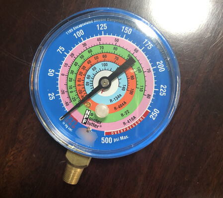مانومتر برای مواد خنک کننده 3′′ (80 میلی متر) ، محدوده -30 ~ 250 psi، دمپریاسیون سیلیکونی، برای R134a/R22/R404A/R410A، اتصال پایین، حداکثر فشار 500 psi
